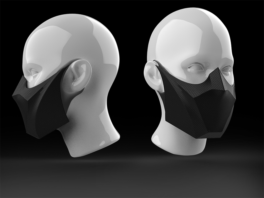 Renderings der Maske an einer Porzellanbüste