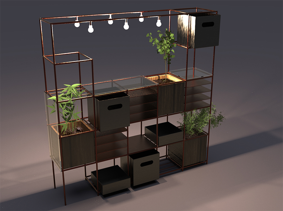 Kupferregal mit licht und Pflanzen